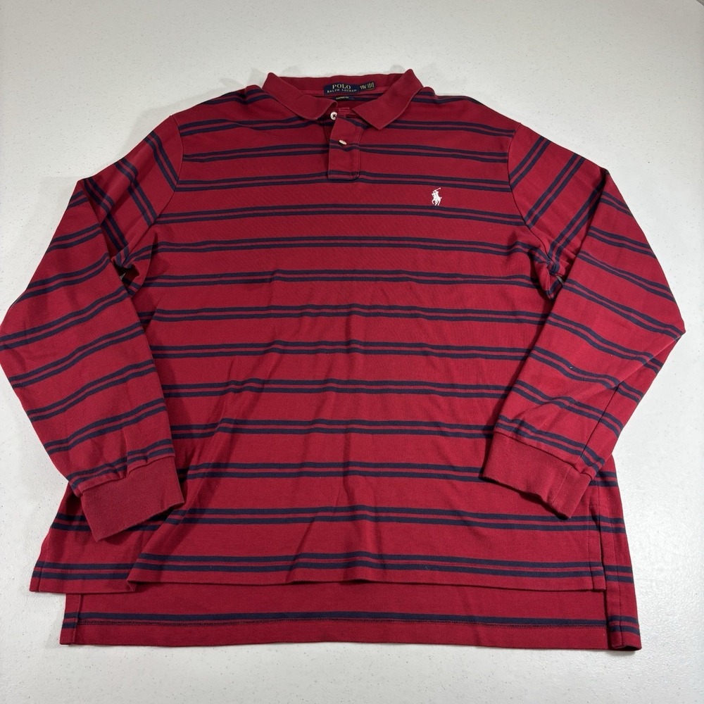 Polo Ralph Lauren Custom Fit L/S Striped Polo Shirt Thick Cotton XXL Red/Blue